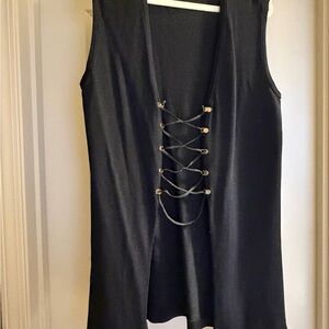 St. John Collection Lace-Up Knit Vest Black Gold Long Top Size M Dog Show